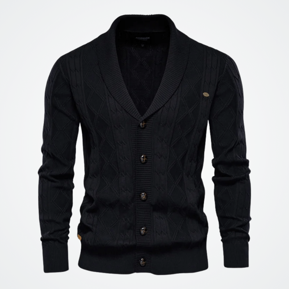Cardigan Tricot Masculino Manchester Cardigan Tricot Masculino Manchester - P / Preto Algodão, Cardigan, Gola Smooking, Lã, Tricot