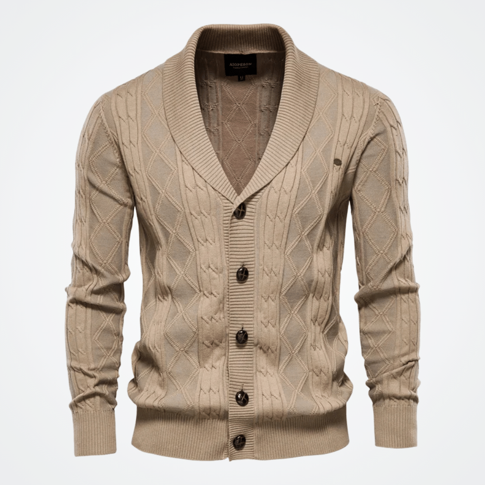 Cardigan Tricot Masculino Manchester Cardigan Tricot Masculino Manchester - P / Bege Algodão, Cardigan, Gola Smooking, Lã, Tricot
