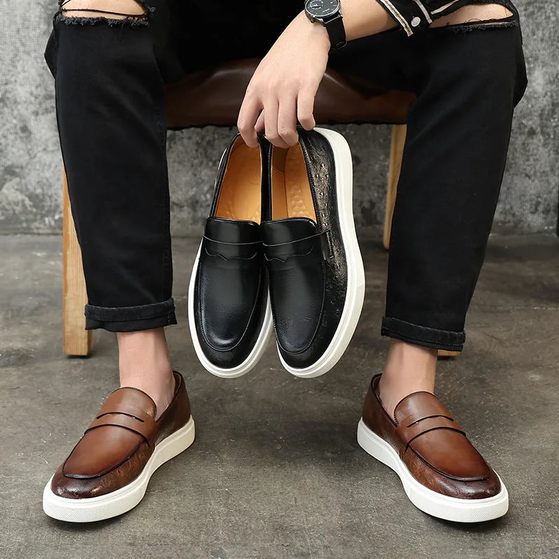 Men's Casual Shoes Embossed Leather Men Fashion British Style Penny Loafers Mens Slip-on Thick Sole Outdoor Flats Vitrinni Shop