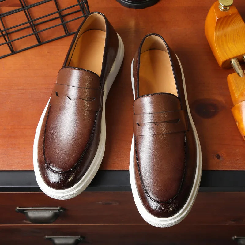 Men's Casual Shoes Embossed Leather Men Fashion British Style Penny Loafers Mens Slip-on Thick Sole Outdoor Flats Vitrinni Shop