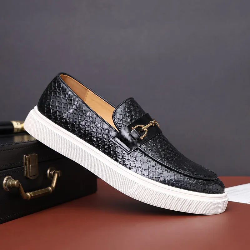 Men's Casual Shoes Embossed Leather Men Fashion Buckle Loafers Mens Slip-on Board Shoes Outdoor Flats Vitrinni Shop