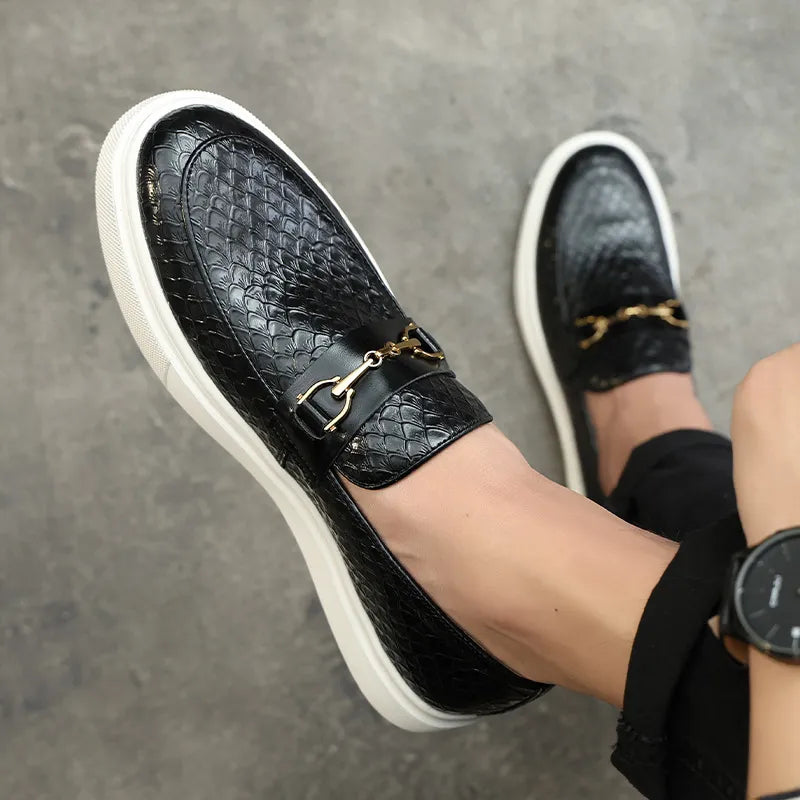 Men's Casual Shoes Embossed Leather Men Fashion Buckle Loafers Mens Slip-on Board Shoes Outdoor Flats Vitrinni Shop black 38 (US 6) CHINA