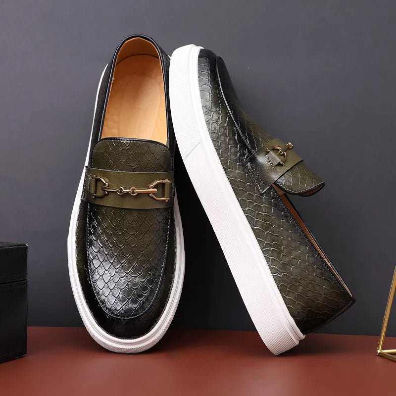 Men's Casual Shoes Embossed Leather Men Fashion Buckle Loafers Mens Slip-on Board Shoes Outdoor Flats Vitrinni Shop green 38 (US 6) CHINA