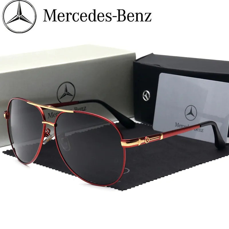 Óculos de sol Mercedes-Benz Premiere com armação vermelha e lentes escuras, detalhes dourados