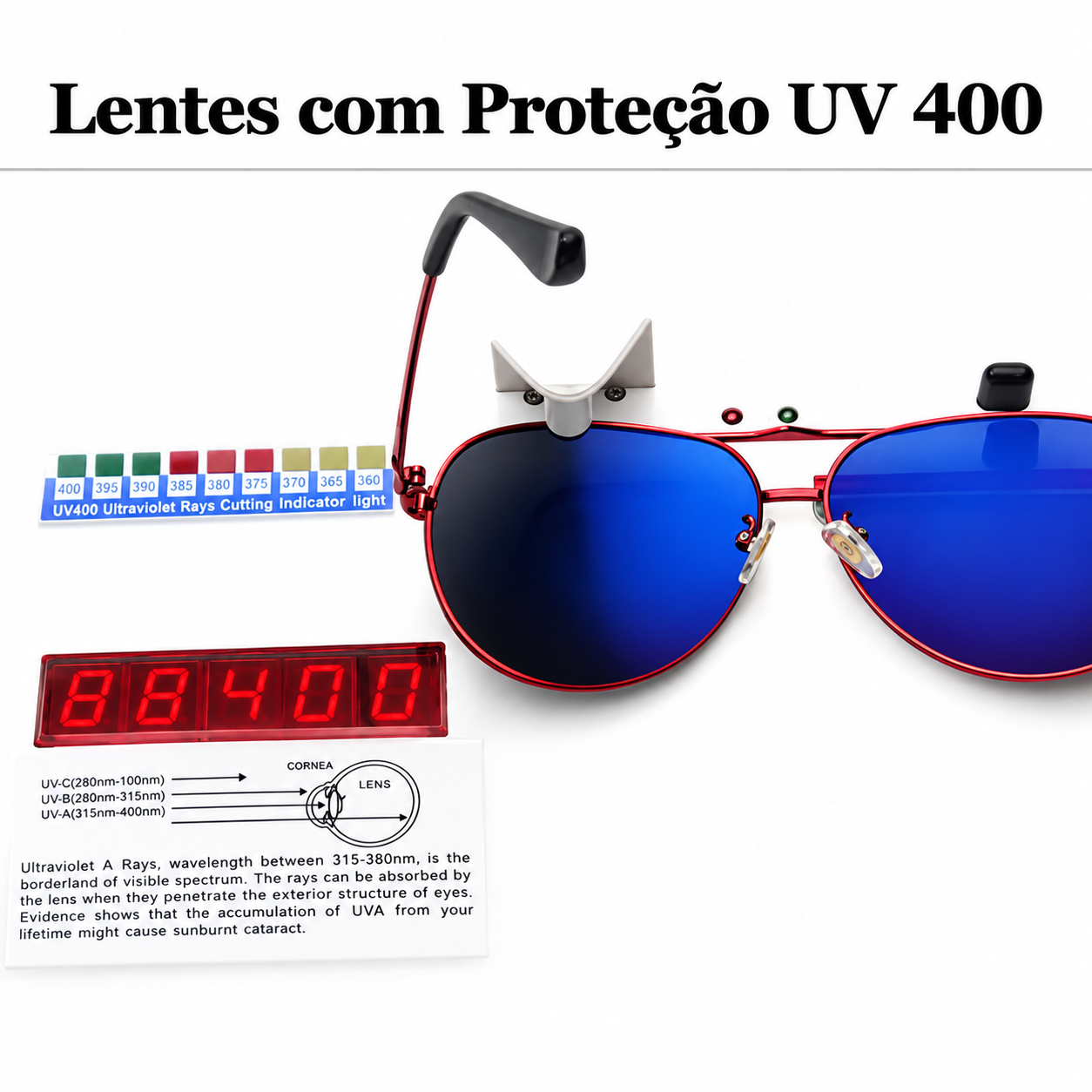 Óculos de sol Mercedes-Benz Premiere com lentes azuladas e armação vermelha, UV 400