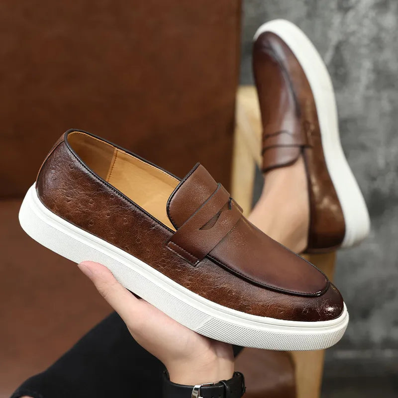 Men's Casual Shoes Embossed Leather Men Fashion British Style Penny Loafers Mens Slip-on Thick Sole Outdoor Flats Vitrinni Shop Brown 38 (US 6) CHINA