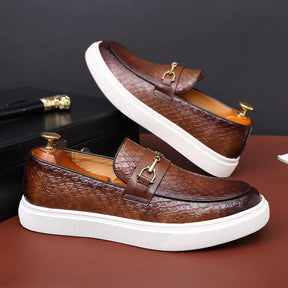 Men's Casual Shoes Embossed Leather Men Fashion Buckle Loafers Mens Slip-on Board Shoes Outdoor Flats Vitrinni Shop Brown 38 (US 6) CHINA